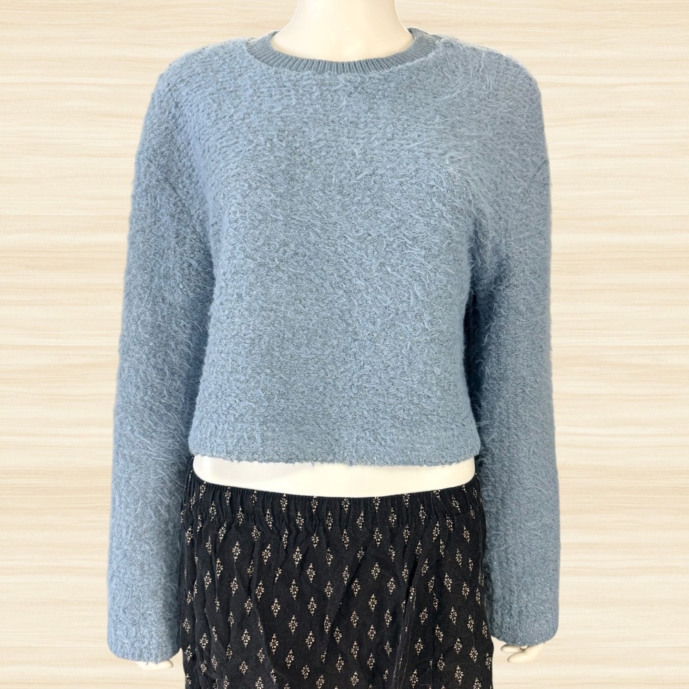 Zara Blue Fuzzy Knit Cropped Sweater Metallic Shimmer Wide Sleeve Pullover M
